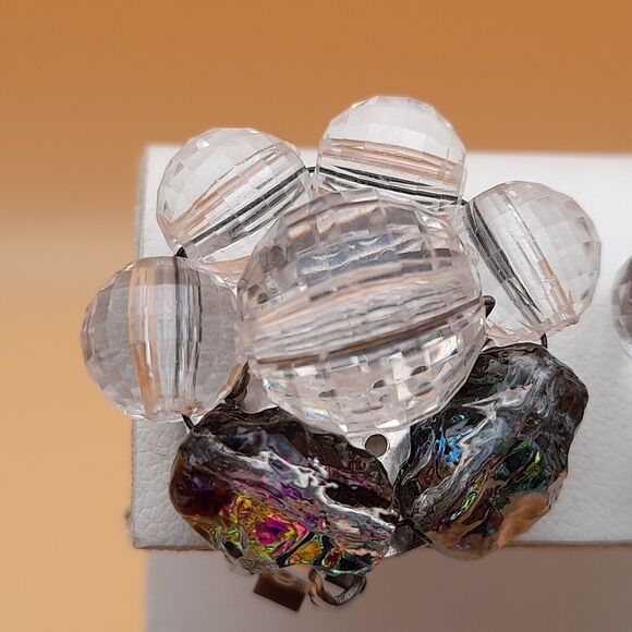 Vintage Art Lava Glass Clear Faceted Bead Earrings, Silver Tone, Clips - Picture 2 of 10